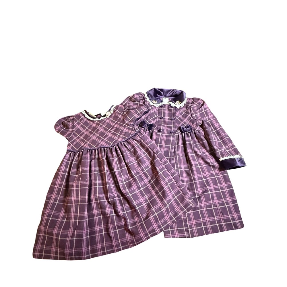 Little Bitty Toddler Girls Purple Plaid Dress Matching Coat Set Vintage 2T